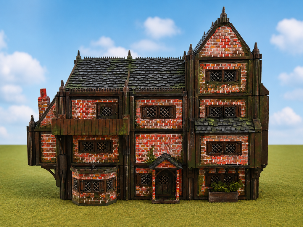 Detailed Miniature Brick Townhouse with Dark Wooden Framing on a Grassy Surface Under a Blue Sky